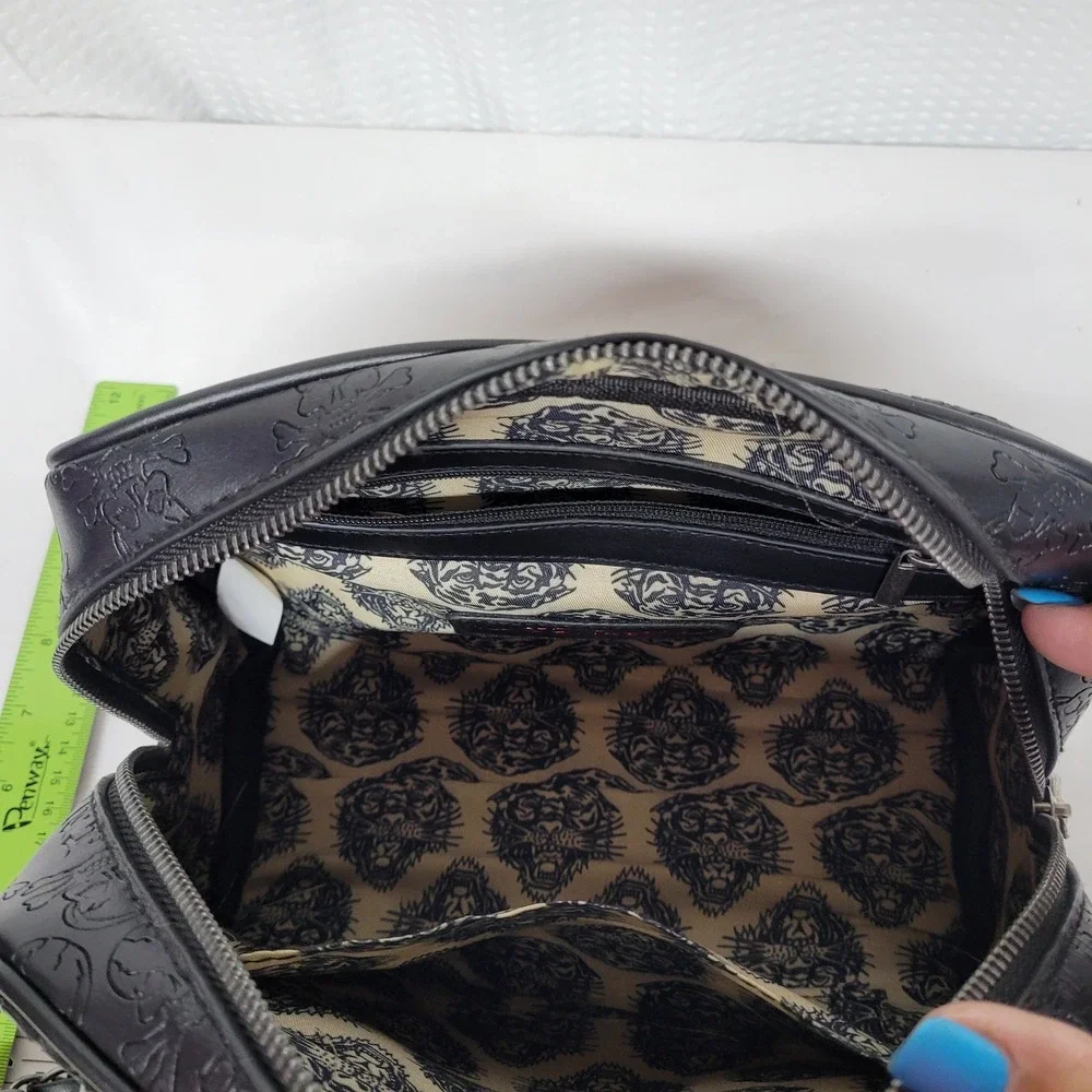 Ed Hardy Black Embossed Skull Rhinestone Satchel Crossbody Bag Y2K